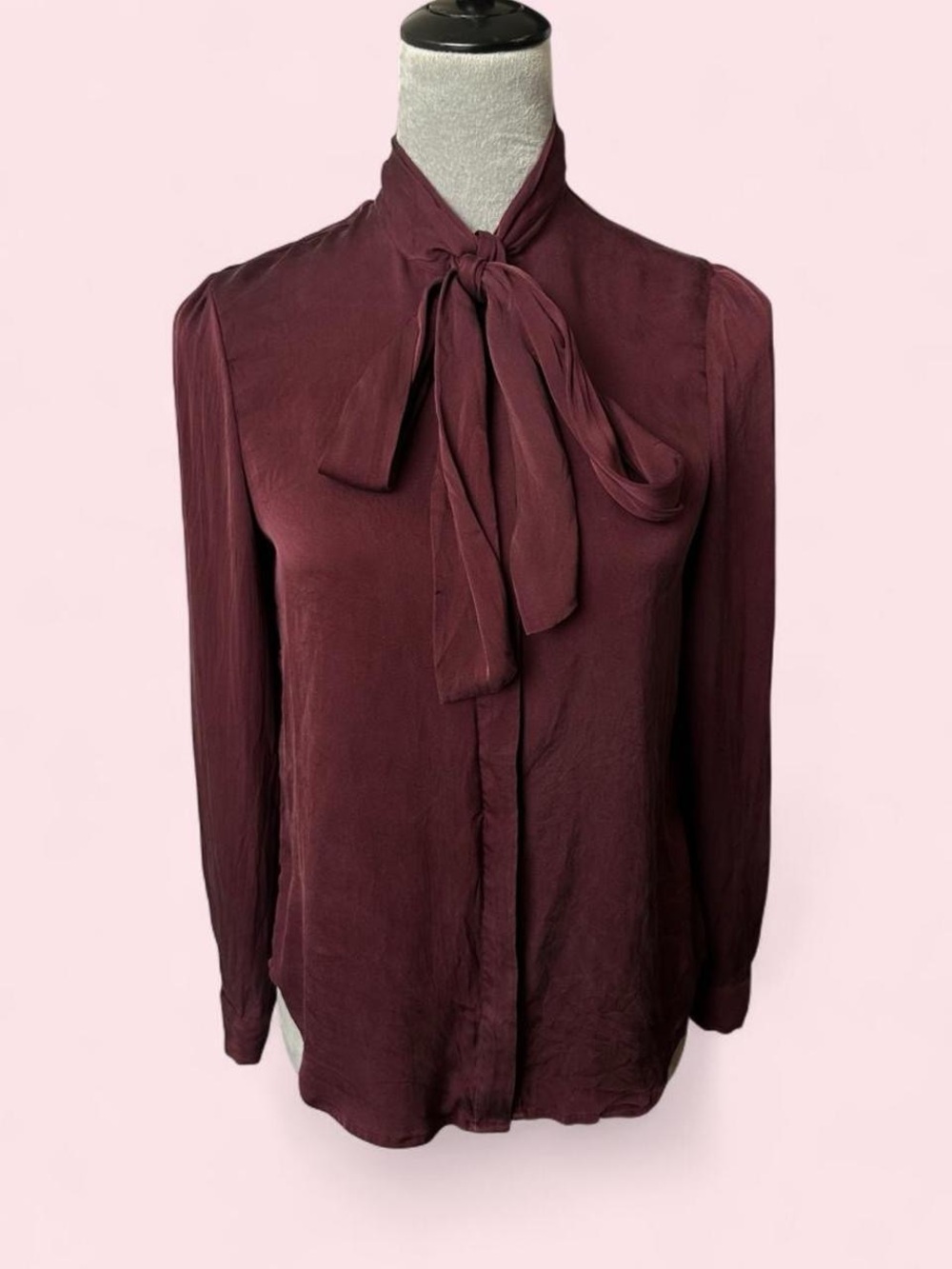 Quince 90% Silk Washable Stretch Tie Neck Long Sleeve Blouse Plum XS